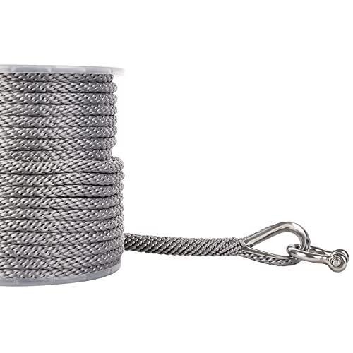 Young Marine 3/8 Inch 150FT Premium Solid Braid MFP Anchor Line with Stainless Steel Thimble & Shackle, Grey