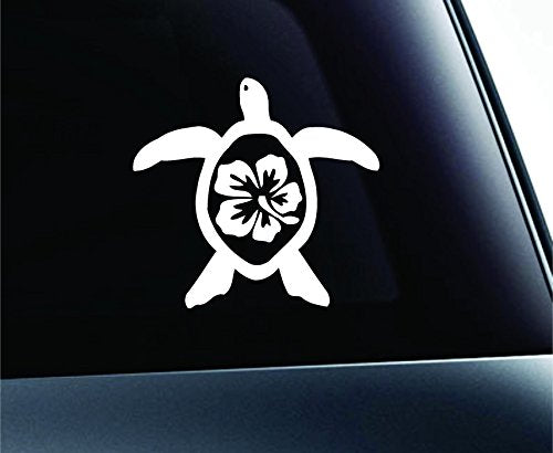 Green Sea Turtle Decal - Hibiscus Aloha Symbol Sticker - White