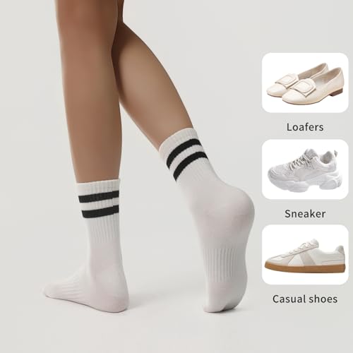 Women's Striped Cotton Crew Socks - 6-Pair Set - White, Beige, Black, Grey, Brown, Coffee