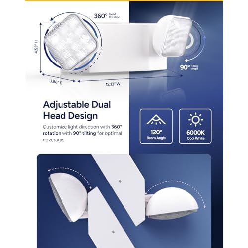 Sunco LED Emergency Lights, Commercial Lighting for Business, Power Outages, Offices, with Backup Battery (90 Minutes), Wall Mount, Hard Wired, 120-277V, Fire Resistant (94V-0) UL.