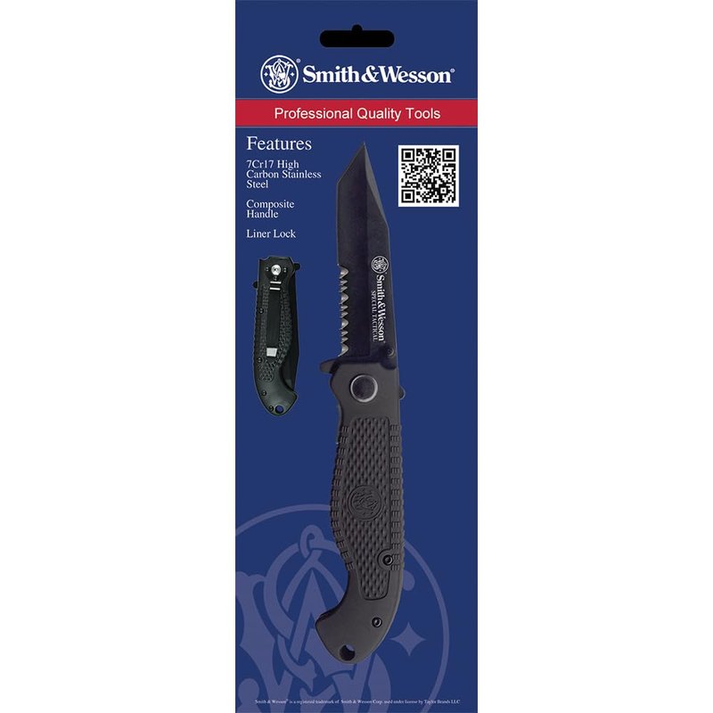 Smith & Wesson Special Tactical CKTACBSD 8.1in High Carbon S.S. Folding Knife with a 3.5in Drop Point Blade and ABS Handle for Outdoor, Survival and EDC,Black
