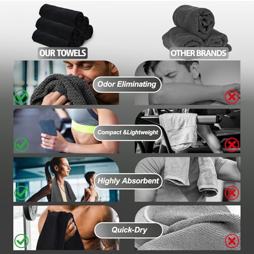 Vnoss Black 6-Pack Microfiber Gym Towels 16x27 in – Quick-Dry, Ultra-Absorbent Yoga & Workout Towels
