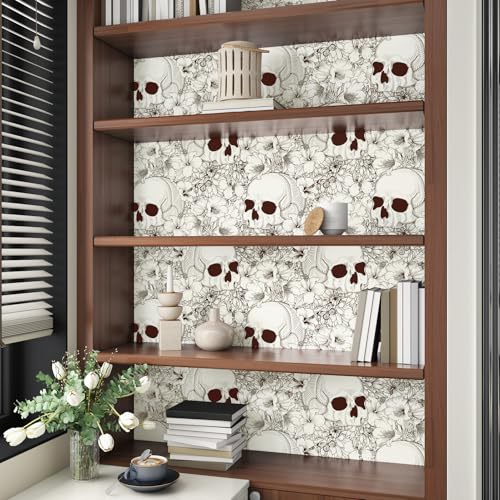 Gothic Wallpaper Skulls Ferns Peel and Stick Wallpaper Beige Brown Halloween Contact Paper for Bedroom Bathroom Living Room Cabinets 17.5"x102" Removable Waterproof Skulls Art Decor Mural