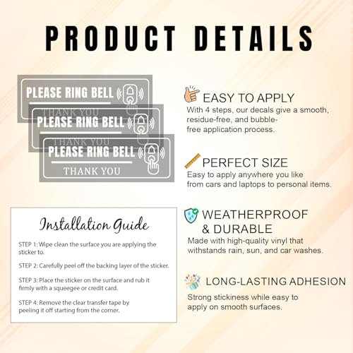 (3 PCS) Please Ring Bell Sign Vinyl Sticker Decal for Business Office Store Shop Door Wall Window Entry Notice Waterproof Durable Easy to Apply Indoor Outdoor Use 7 x 2.17 Inches