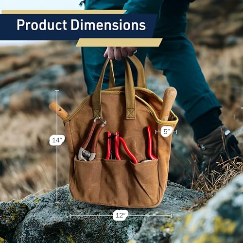 Garden Tool Bag - 12x14¡± Heavy Duty Waxed Canvas Tote Bag Caddy with 6 Interior and 3 Exterior Pockets for Organizing Gardening Tools - Gardening Gifts for Women and Men by Kings County Tools