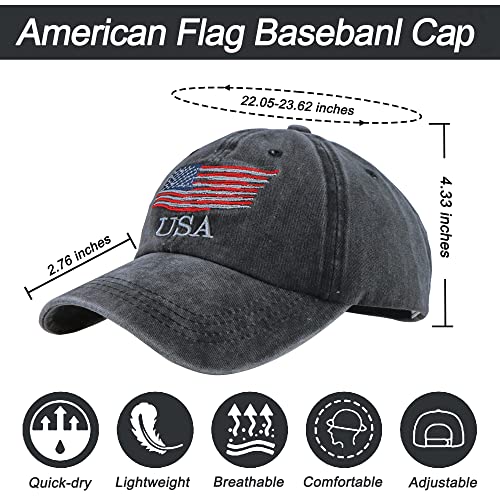 American Flag Baseball Cap - Distressed Adjustable Hat - One Size Black