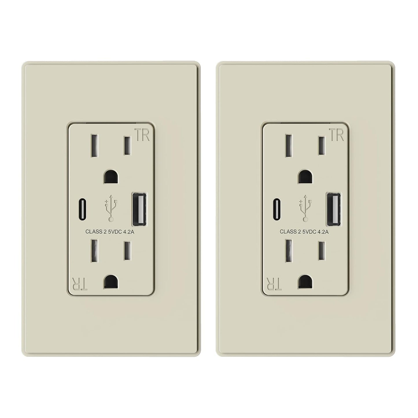 USB Charger Wall Outlet with USB A & C Ports - 15A Tamper Resistant, UL Listed, 6 Pack - Matte Light Almond