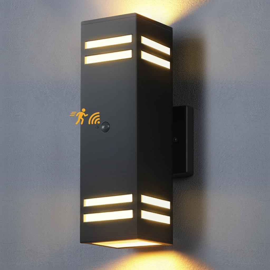 Modern Outdoor Wall Lights - Dusk to Dawn Square Matte Black Sconce with Bulbs, Aluminum Anti-Rust Up & Down Lighting for Porch & Garage
