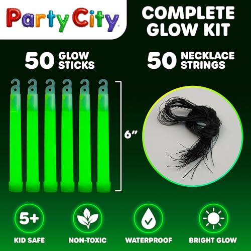 Party City Green Glow Sticks Bulk Pack 6¡±- 50pk Glow in the Dark Sticks for Kids, Waterproof Camping Survival Ultra Bright Emergency Light Stick with String, Neon Glowsticks Party Supplies Favors