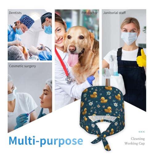 Adjustable Surgical Cap with Sweatband - Yellow Ducks Floral