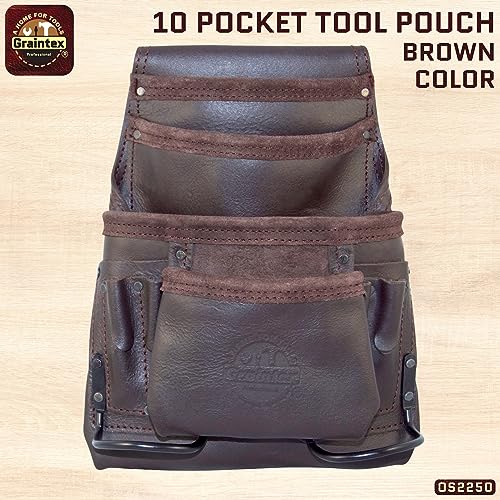 Graintex OS2250 10 Pocket Oil Tanned Leather Nail & Tool Pouch Dark Brown Color for Constructor/Electrician/Plumber