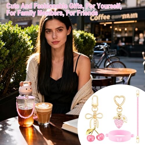 Cute Pink Water Bottle Accessories Set with Handle & Charms - Bb-pink