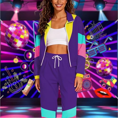 Aluvee Women's 80s Retro Color Block Track Suit XL Purple Windbreaker Set