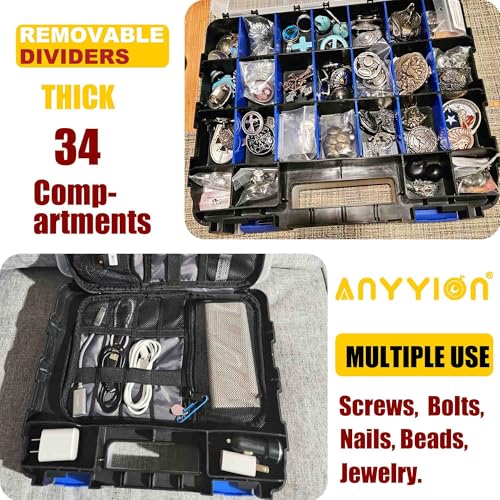 Anyyion Small Parts Organizer, 34-Compartments Double Side parts organizer with Removable Dividers for Hardware, Screws, Bolts, Nails, Beads, Jewelry. (1, Blue)