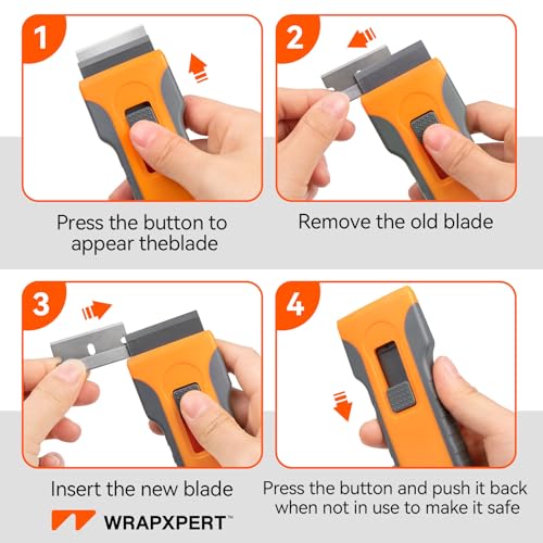 WRAPXPERT Razor Blade Scraper with 30pcs Extra Blades, Razor Scraper Tool for Glass, Window Scraper, Glass Scraper, Blade Razor Retractable for Removing Glue, Paint, Stickers, Labels