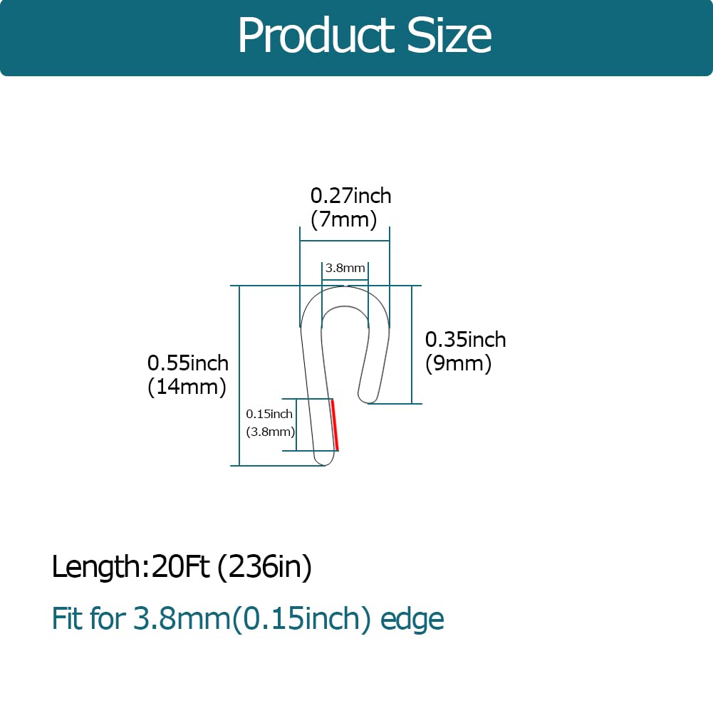 Tintvent Clear Rubber Edge Trim, U Channel Rubber Seal Strip with Self-Adhesive Tape, Metal Edge Protector Fit for 0.15", 20Ft (236 in)
