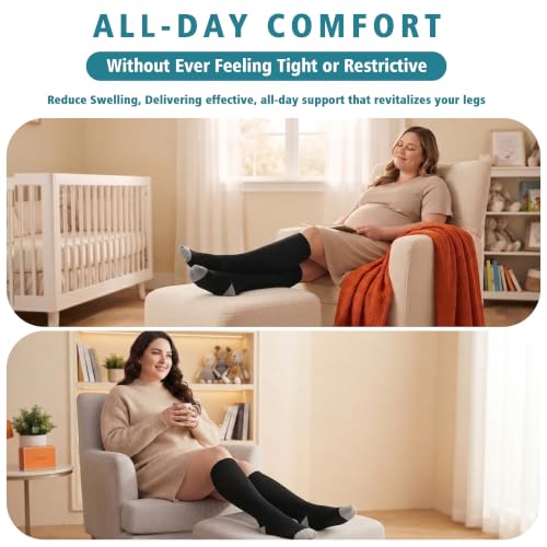 Double Couple 3/4 Pairs Wide Calf Compression Socks Men Women 20-30 mmHg XX-Large Black