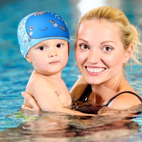 Fourluoo Kids Swim Caps Vibrant Style 4-Pack for Boys Girls Toddler 2-12 Long Short Hair Breathable Elastic Pool Swimming Hat
