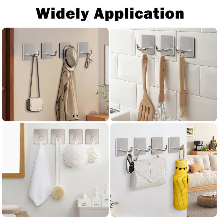 Livabber Adhesive Towel Hooks, 304 Stainless Steel Self Sticky Wall Hooks Waterproof Shower Hooks for Robe/Clothes, No Drilling Towel Hangers for Bathroom Kitchen Bedroom (Brushed Nickel, 10 Packs)