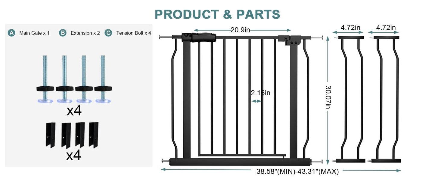 COSEND Extra Wide Baby Gate Tension Indoor Safety Gates Black Metal Large Pressure Mounted Pet Gate Walk Through Long Safety Dog Gate for The House Doorways Stairs (38.58"-43.31"/98-110CM, Black)