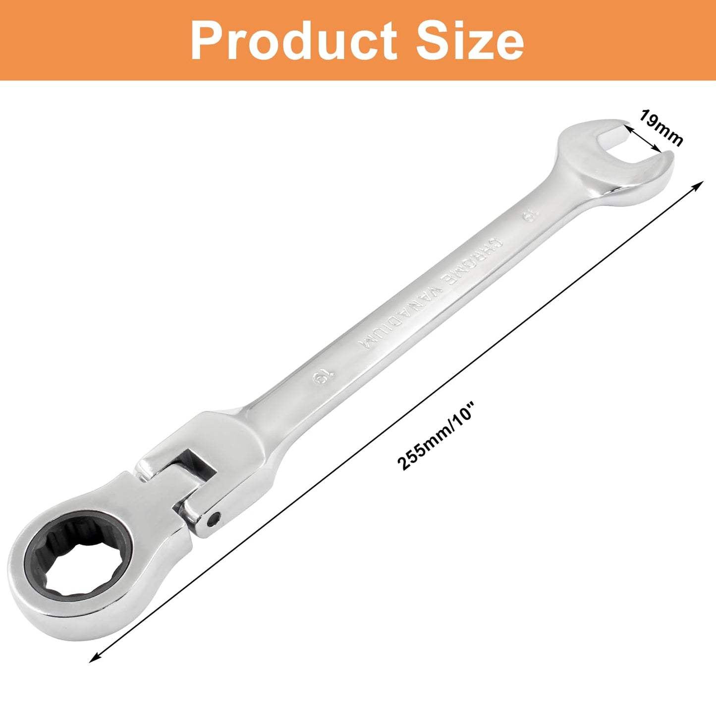 Piutouyar 19mm Flex-Head Ratcheting Wrench, Professional Metric Ratchet Wrench Combination Wrench Box Ended Spanner Tool for Projects Repair(5° Movement and 72 Teeth 12 Point, CR-V)