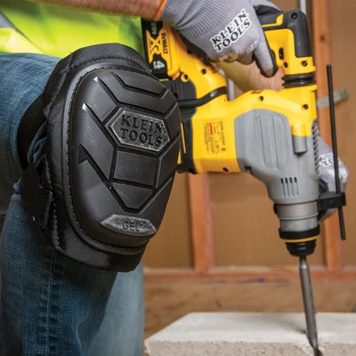 Klein Tools 60895 Knee Pads for Men and Women, Heavy Duty Semi-Round Stabilizer Gel Knee Pads with Adjustable Elastic Straps, for Construction, Flooring, Gardening, Black