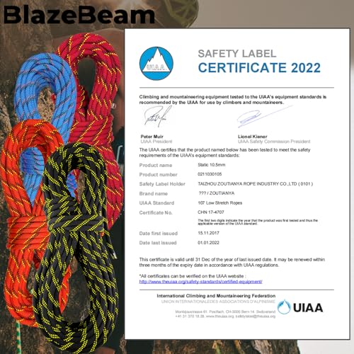 BlazeBeam 10.5mm UIAA Static Climbing Rope 50ft Orange | Nylon Kernmantle Rope
