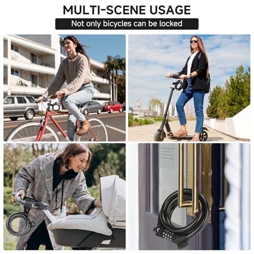 4-Digit Resettable Combination Bike Lock - 3.9 Feet Coiled Cable - Black-10mm