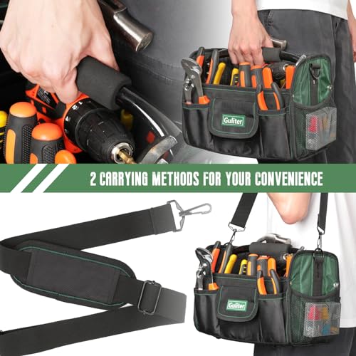 11 Inch Small Tool Bag, Open Top Tool Tote with Stainless Steel Handle and Adjustable Shoulder Strap,21 Pockets Electrician Tool Bags,Black/Green