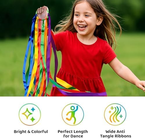 GSi Multicolor Ribbon Wands - Pack of 6 Dance Streamers with 9" Sticks & 1m Ribbons for Kids' Parties
