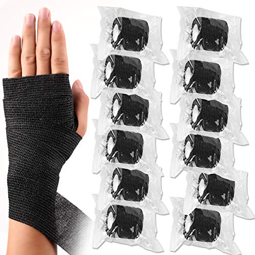 Self Adherent Cohesive Wrap Bandages - 12 Pack, 2" x 5 Yards, Black