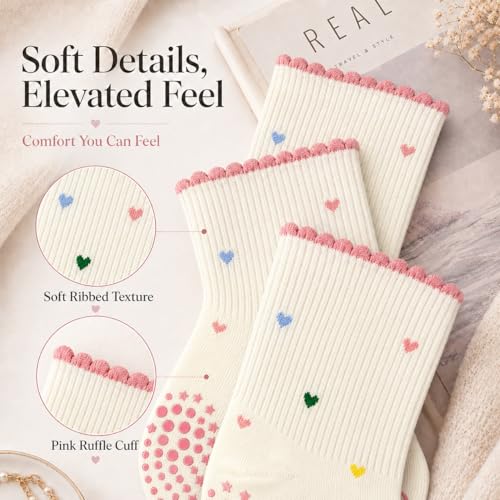 Grip Pilates Socks for Women - US Size 5-9, Heart Design