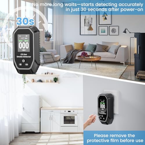 5-in-1 Portable Carbon Monoxide Detectors Plug in, MODOFO TOOL Smoke and Carbon Monoxide Detector with Built-in Battery, Natural Gas Leak Detector, HD Display for CO, Gas, Smoke, Temp, Humidity Black