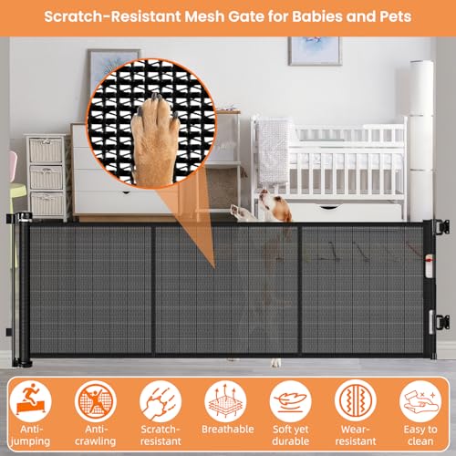 Reinforced 22 Inch Tall Retractable Dog Gate Step Over Pet Gate, 75" Wide Dog Gate for Stairs with Support Rods-Prevent Crawling Under, Indoor Short Pet Gate Puppy Gate Outdoor Retractable Gate/Black