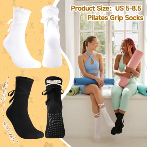 Non-Slip Pilates Socks with Cross Straps for Women - White & Black, 2 Pack