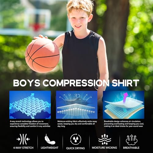 Anawakia 2 Pack Boys Sleeveless Athletic Compression Shirts - Black & White, Medium