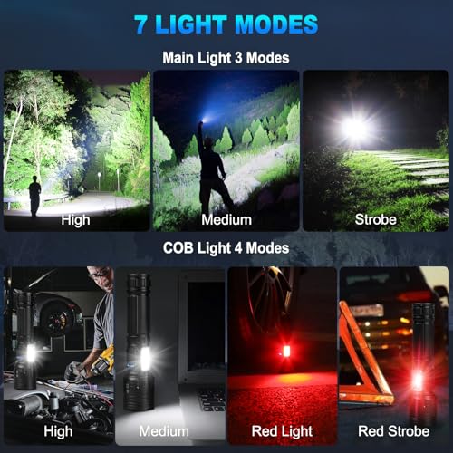 Rechargeable LED Flashlights High Lumens, 99,000 Lumens Super Bright Flashlight 7 Modes w/COB Work Light, Powerful Flash Light for Outdoor Emergency Hiking Camping