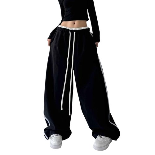 PEAINJ Wide Leg Sweatpants for Women Men Baggy Y2k Sweatpants Elastic Waist Drawstring Joggers Pants Hip Hop Clothes Black-M