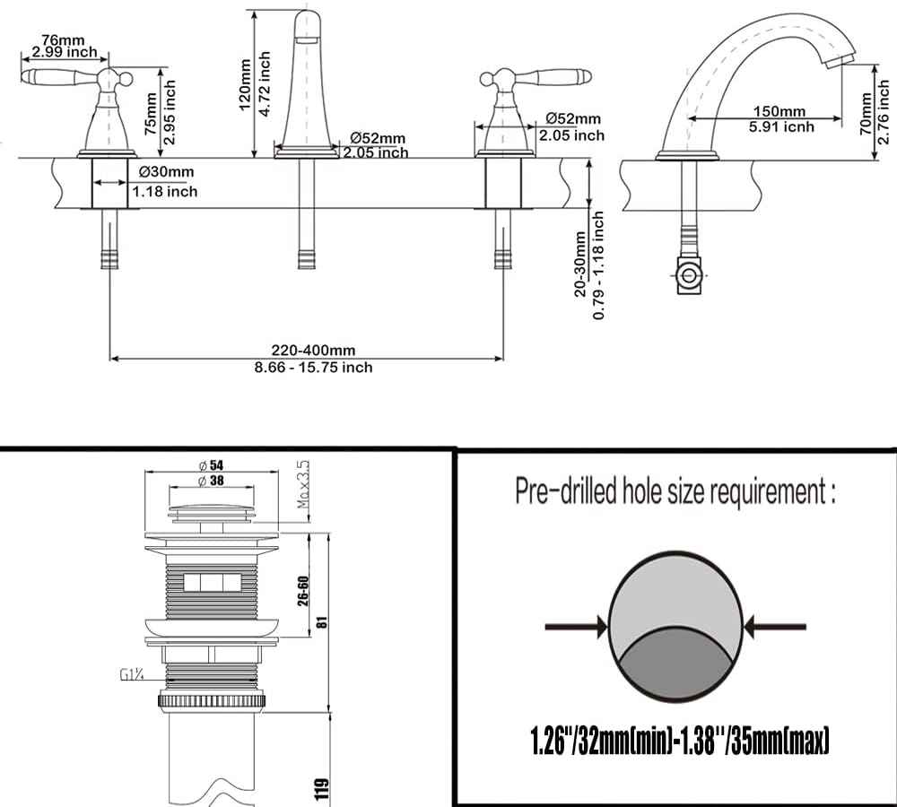 Phiestina 8-Inch Widespread Bathroom Faucet - Chrome, Lead-Free, Metal Pop-Up Drain, Model WF008-4-C
