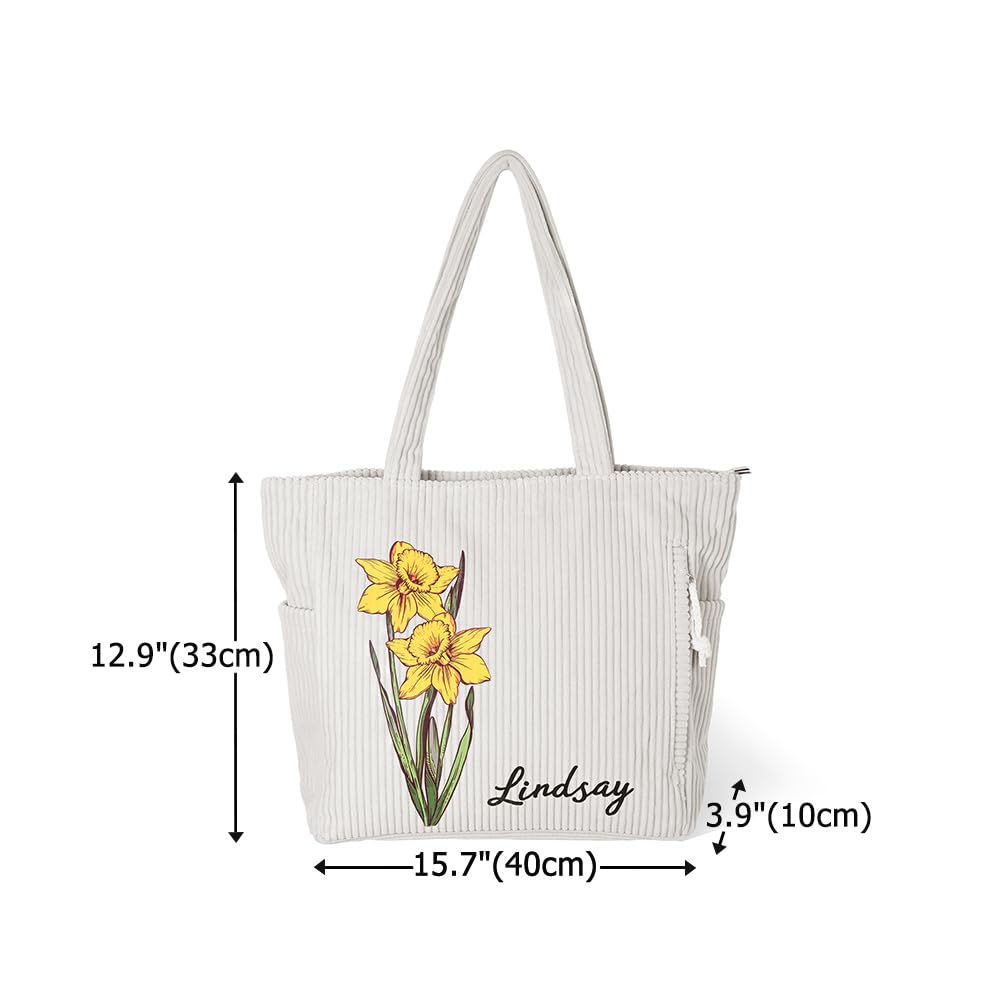 Personalized Birth Flower Corduroy Tote Bag for Women | Name Shoulder Bags