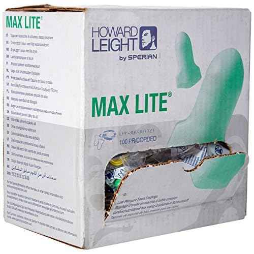 Howard Leight LPF30 Max Lite Corded Earplugs, Green, Pack of 100 Pairs