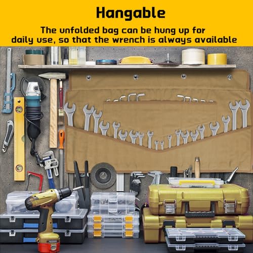 Wrench Roll 32 Pockets, Heavy-Duty 16 oz. Waxed Canvas Wrench Roll Up Bag Holds Wrench Wrap for Metric and SAE Wrenches, Wrench Pouch with Buckles and Handle, Sturdy Wrench Tool roll (Khaki)