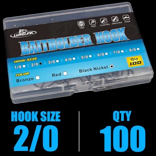 Baitholder Fishing Hooks 100 Pack - Double-Barbed Long Shank 8/0-#8, Black/Red (LURELINK)