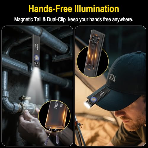 BORUIT U8 Small Flat EDC Flashlight,650 Lumens USB-C Rechargeable Pocket Flash Light with White, Yellow & RGB LEDs, IP67 Waterproof, Magnetic Tail & Clip for Camping, Hiking, Emergencies