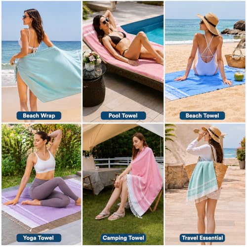 Aqua Turkish Oversized Beach Towel 35x72 Inch - Quick Dry Sand-Free Travel & Pool Accessory