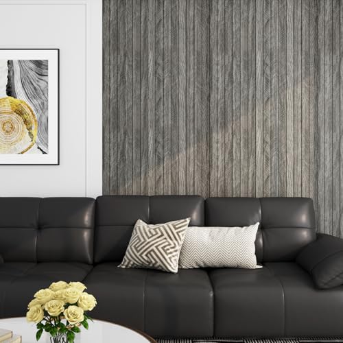 LaCheery Fluted Slat Wood Wall Panels Peel and Stick Black Gray Herringbone Wooden Panels for Interior Wall Decor 3d Flexible Self Adhesive Foam PVC Panel Roll Bedroom Bathroom Walls Covering 11.8x79"