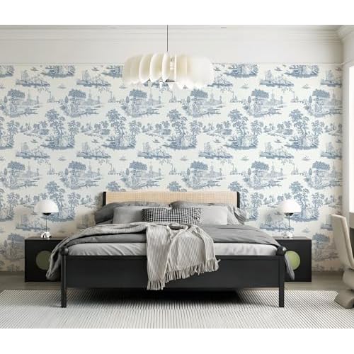 HeloHo Peel and Stick Wallpaper Blue and White Toile Contact Paper Vintage French Wall Paper Removable Self Adhesive Stick on Wallpaper for Bedroom Bathroom 17.3" X 78.7"