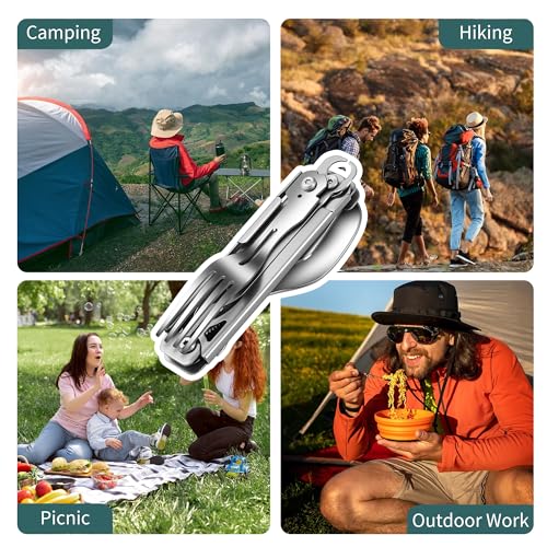POXIMO 6-in-1 Portable Camping Utensils Set Stainless Steel Flatware Multi-tool
