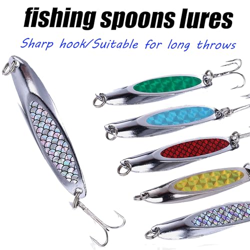 LURESMEOW Fishing Spoons Lures Set - 7cm 21g, 5 Colors for Bass Trout Walleye Saltwater