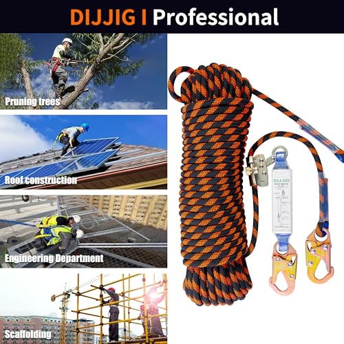 Rope Harness Safety Lanyard 25ft Vertical Roofing Rope With Grab Snap Hooks Shock Absorber Fall Protection Tree Climbing Line Kit Heavy Duty Roof Safety Equipment ANSI CE